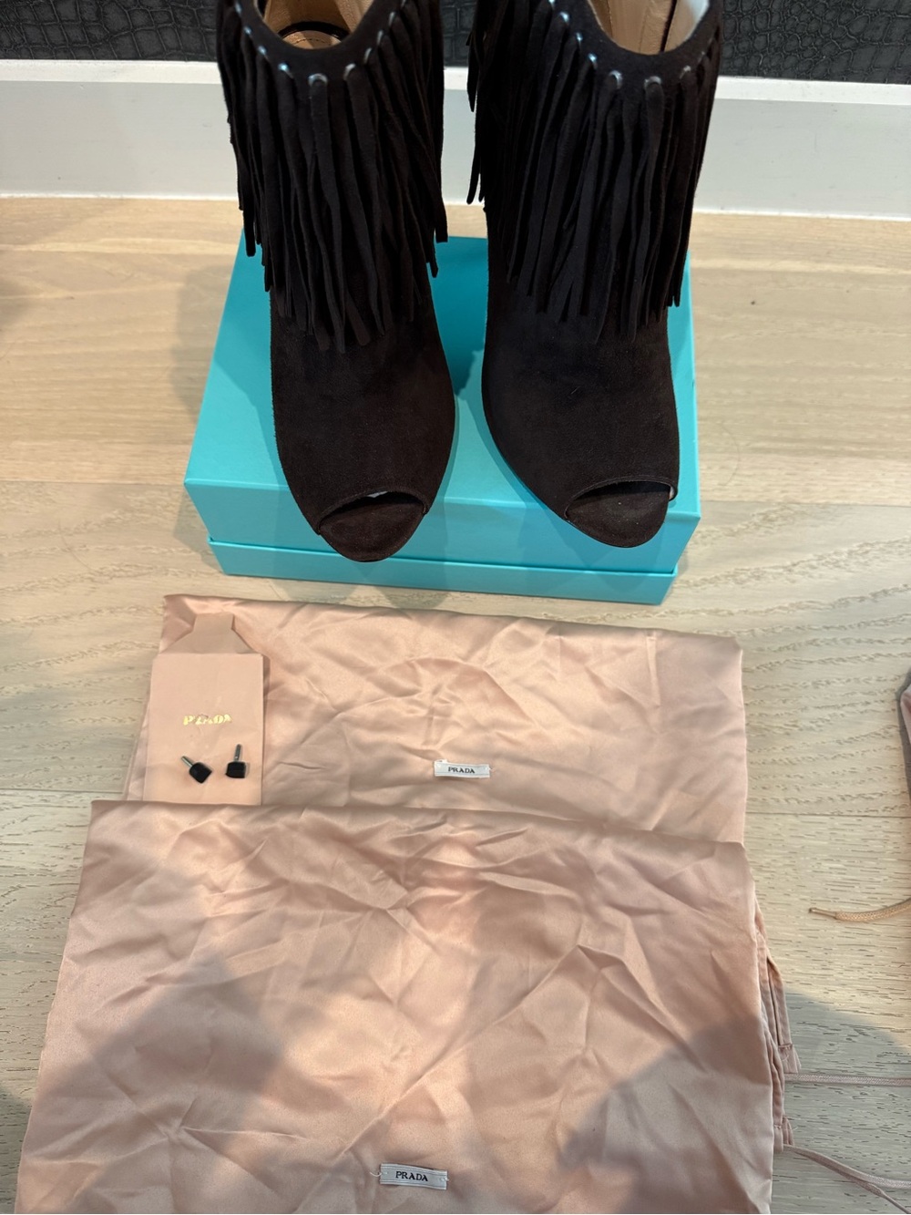 AUTHENTIC Prada chocolate brownSuede Fringe Peep-Toe Stiletto Ankle Boots - Picture 8 of 8